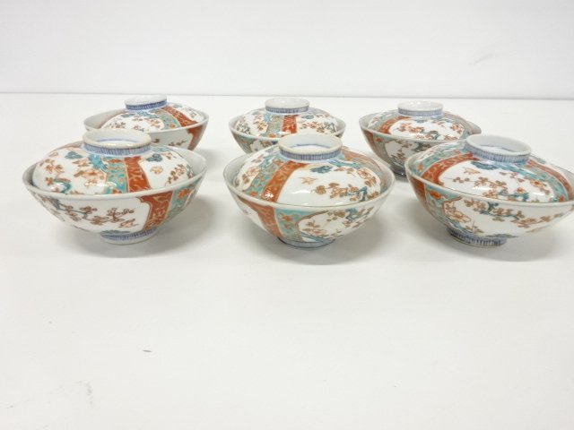 古伊万里　金彩赤絵　蓋物碗　6客